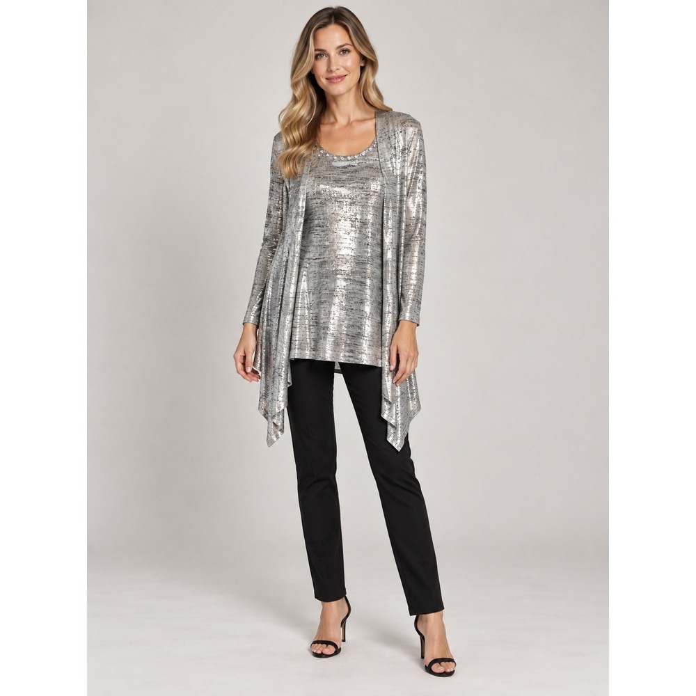 Ruby Rd Twin Set Womens S Silver Metallic Disco Glam Embellished Tank Cardigan
